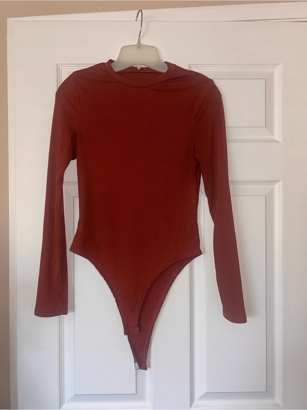 Ribbed Long Sleeve Bodysuit in Rust Red